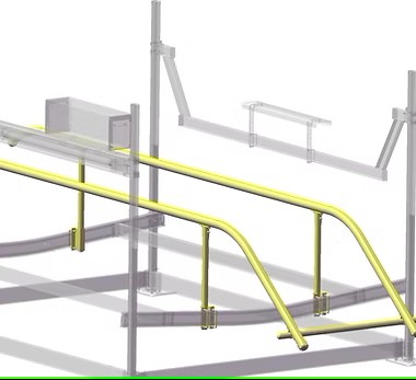 A rendering of a roller coaster rail section with yellow tracks and supporting gray structures. The design, reminiscent of engineering lifts, includes curved and straight segments in a transparent overlay to highlight the intricate structure.