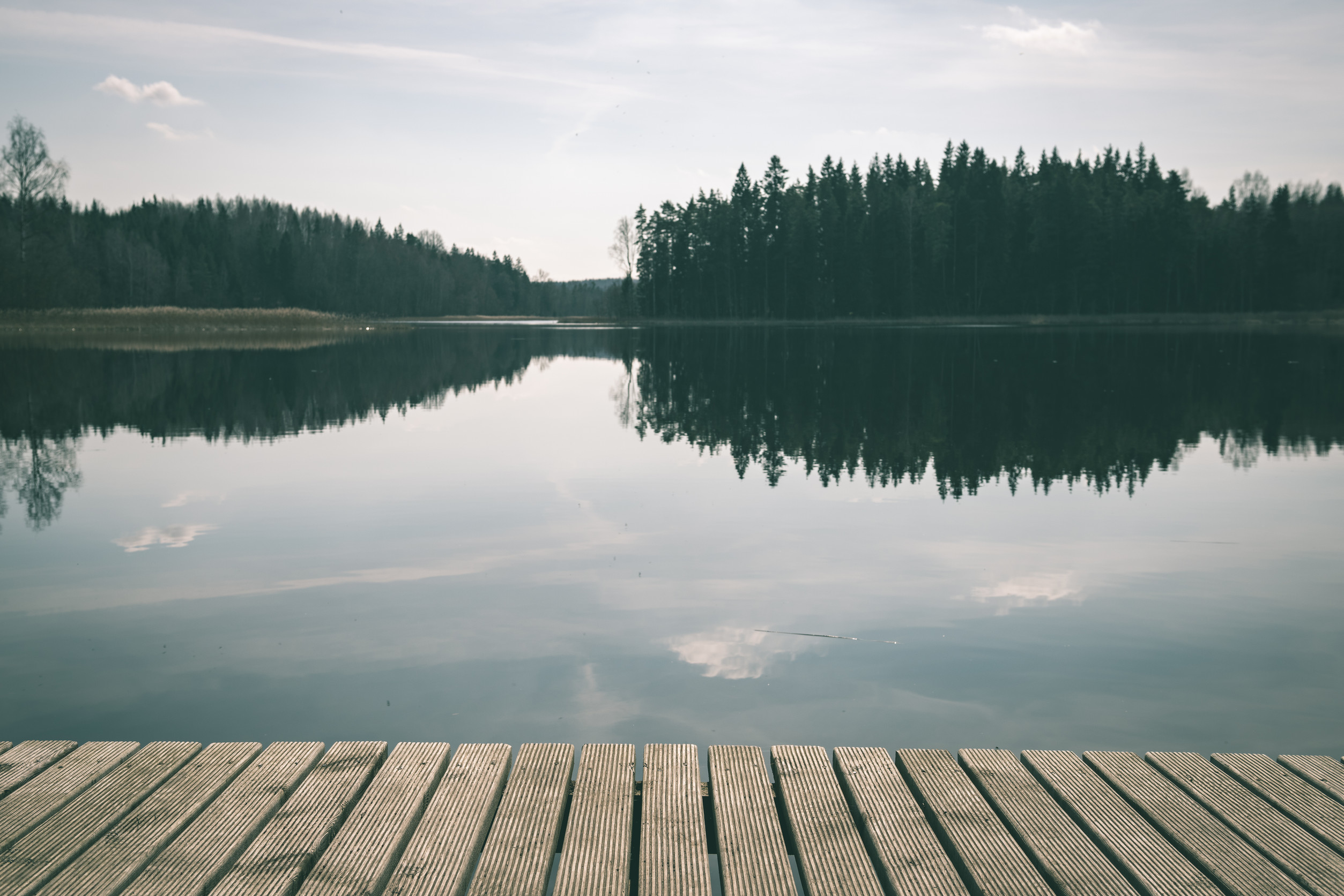 A calm lake with a wooden dock in the foreground, reflecting the trees and sky along its shore; the scene is peaceful and serene, showcasing the quality of professional dock installation in soft light and still water.