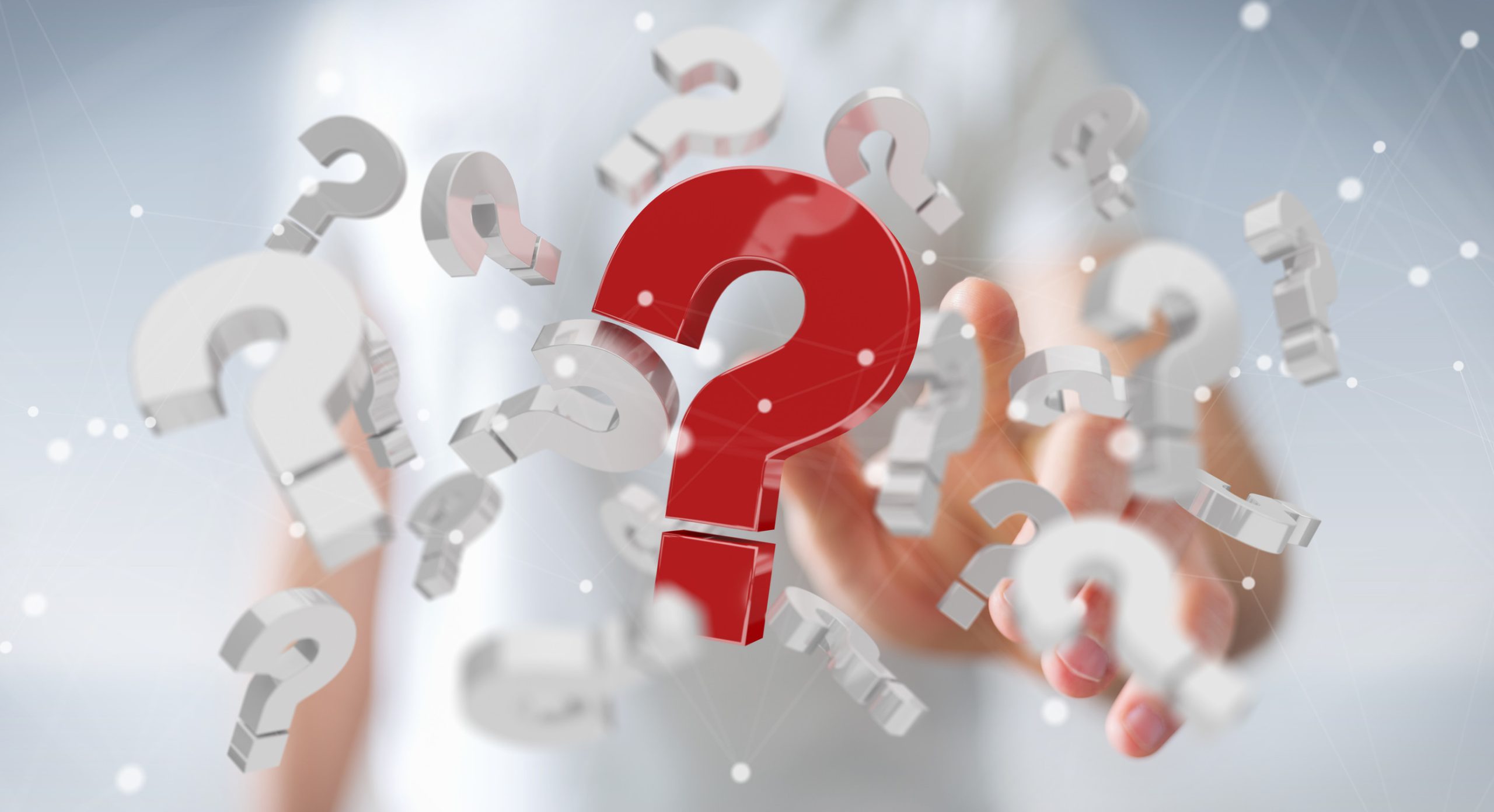 A person touches a large red question mark surrounded by floating white question marks, evoking inquiry or uncertainty—perfect for those facing dock installation challenges or boat lift questions.