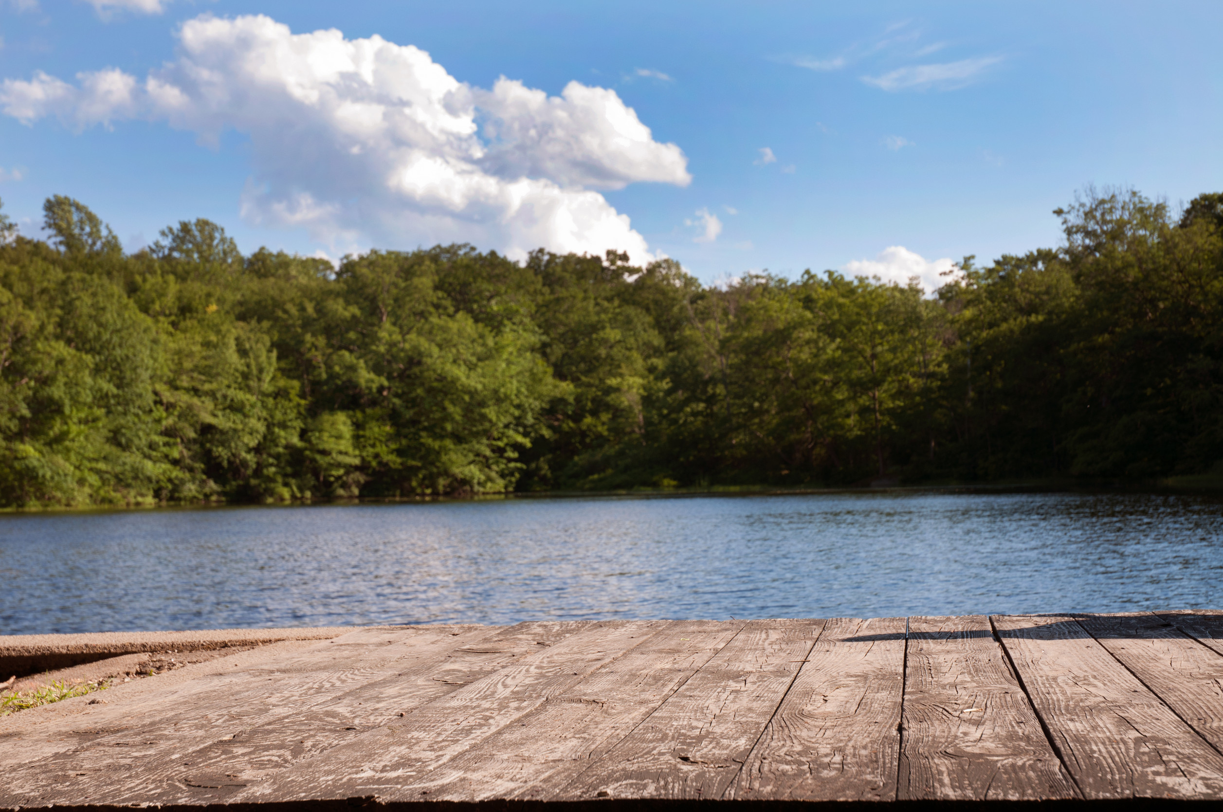 A wooden dock overlooks a peaceful lake surrounded by green trees under a blue sky, offering lakefront owners an ideal spot inspired by Minnesota boat dock installation standards.