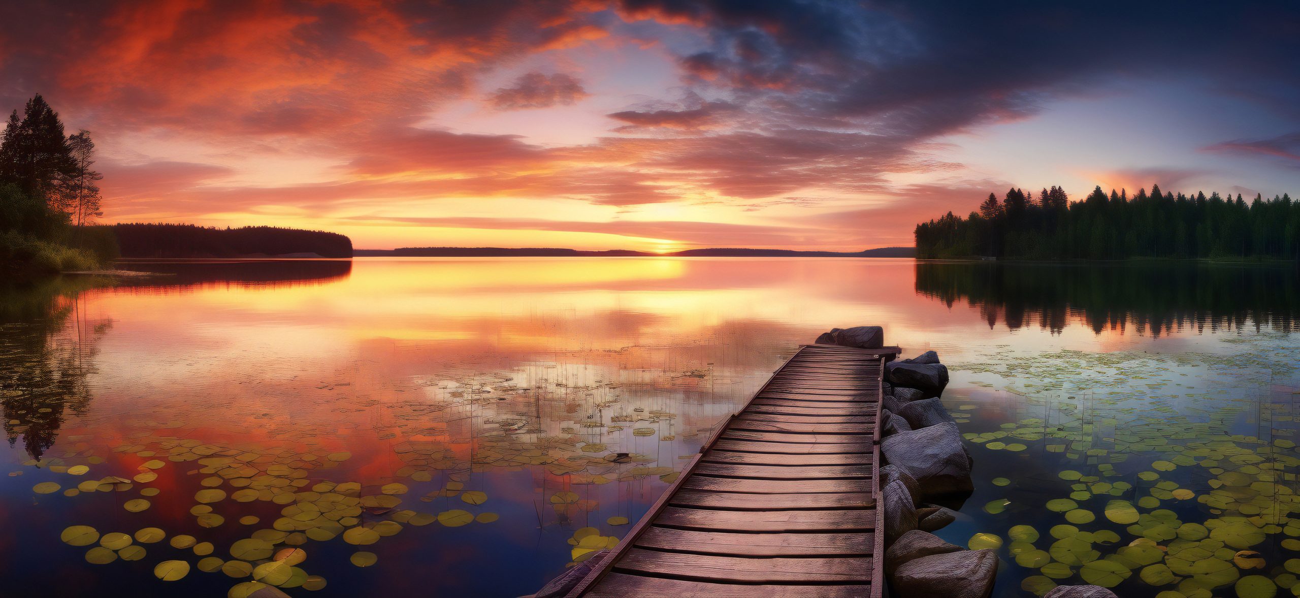 A caring wooden dock extends over a calm Minnesota lake, dotted with lily pads and reflecting a sunset sky of orange, pink, and purple, surrounded by dark silhouettes of trees and a distant forest.