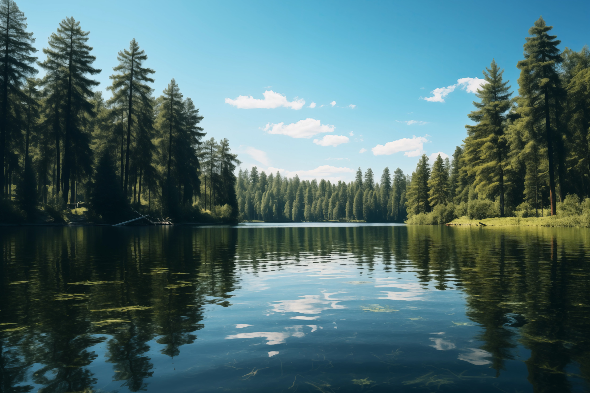A calm forest lake in the Brainerd Lakes area reflects tall pine trees and a bright blue sky with scattered clouds. Sunlight illuminates the greenery along the shore, enhancing this peaceful scene ideal for enjoying local dock services.