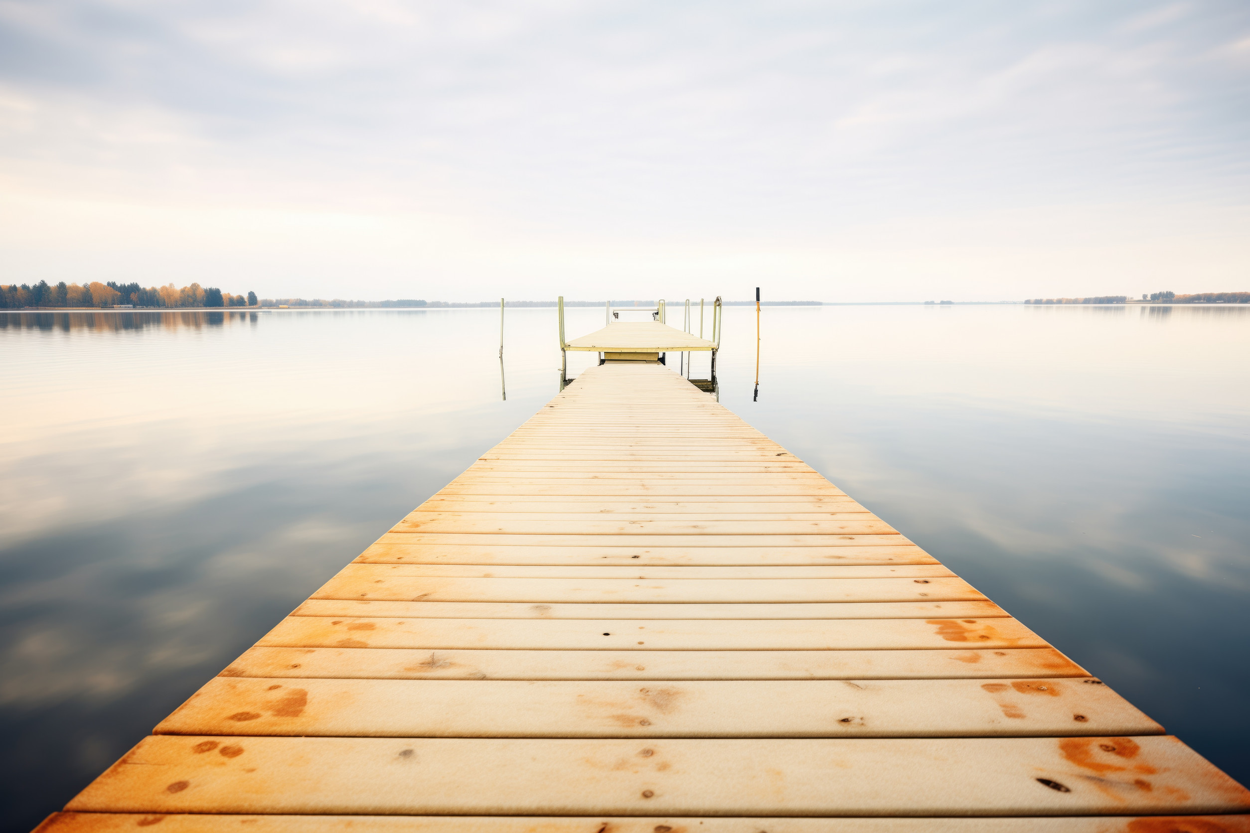 A wooden dock extends into a calm, reflective lake under a cloudy sky. The water is still, and the horizon is faintly visible in the distance, creating a peaceful, serene atmosphere.