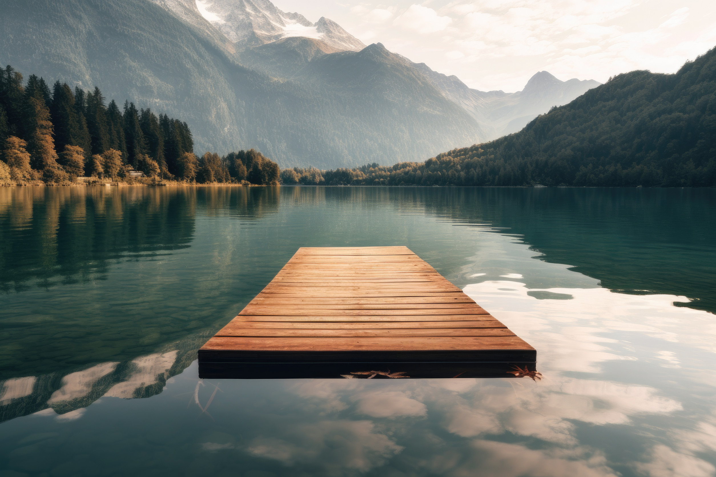 A wooden dock extends into a calm lake surrounded by forested hills and distant mountains under a partly cloudy sky. The water reflects the sky and trees, creating a peaceful, serene scene.