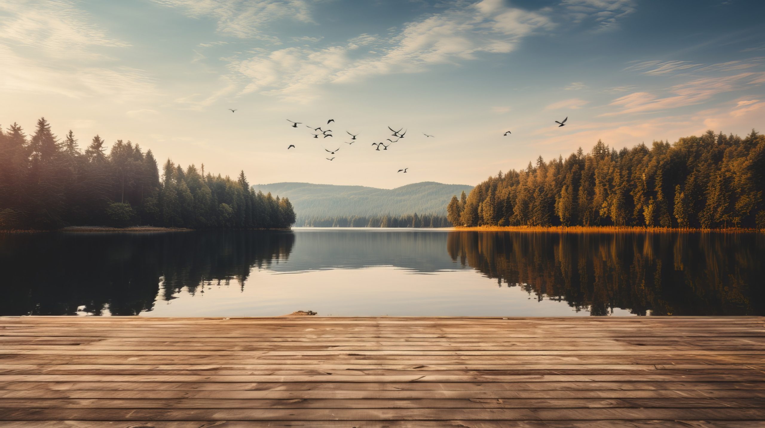 A wooden dock overlooks a calm lake surrounded by dense pine forests; birds fly over the water under a partly cloudy sky with soft, warm sunlight.