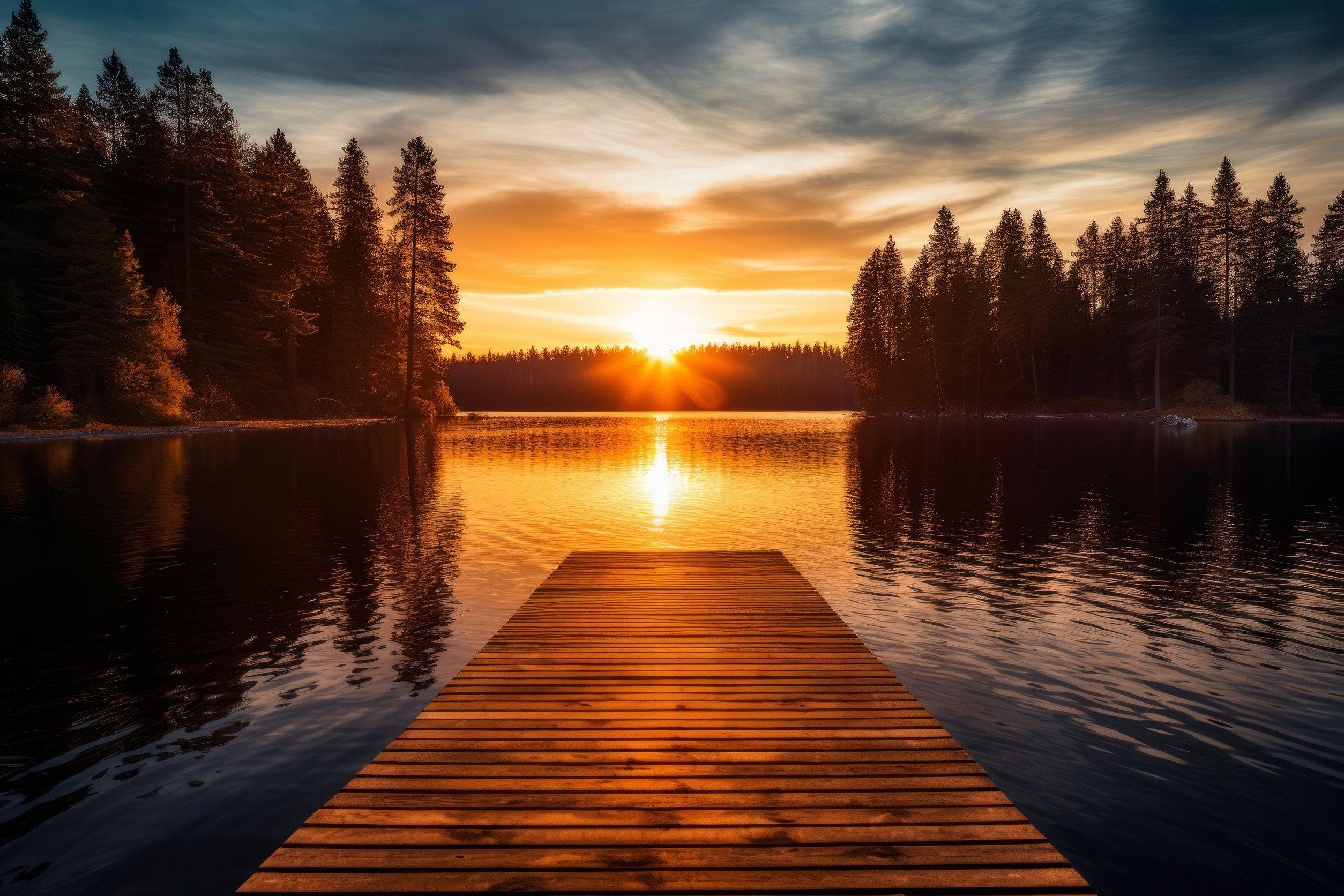 A wooden dock extends into a calm lake surrounded by tall pine trees at sunset, with the sun low on the horizon and its reflection shimmering on the water under a colorful, cloudy sky.