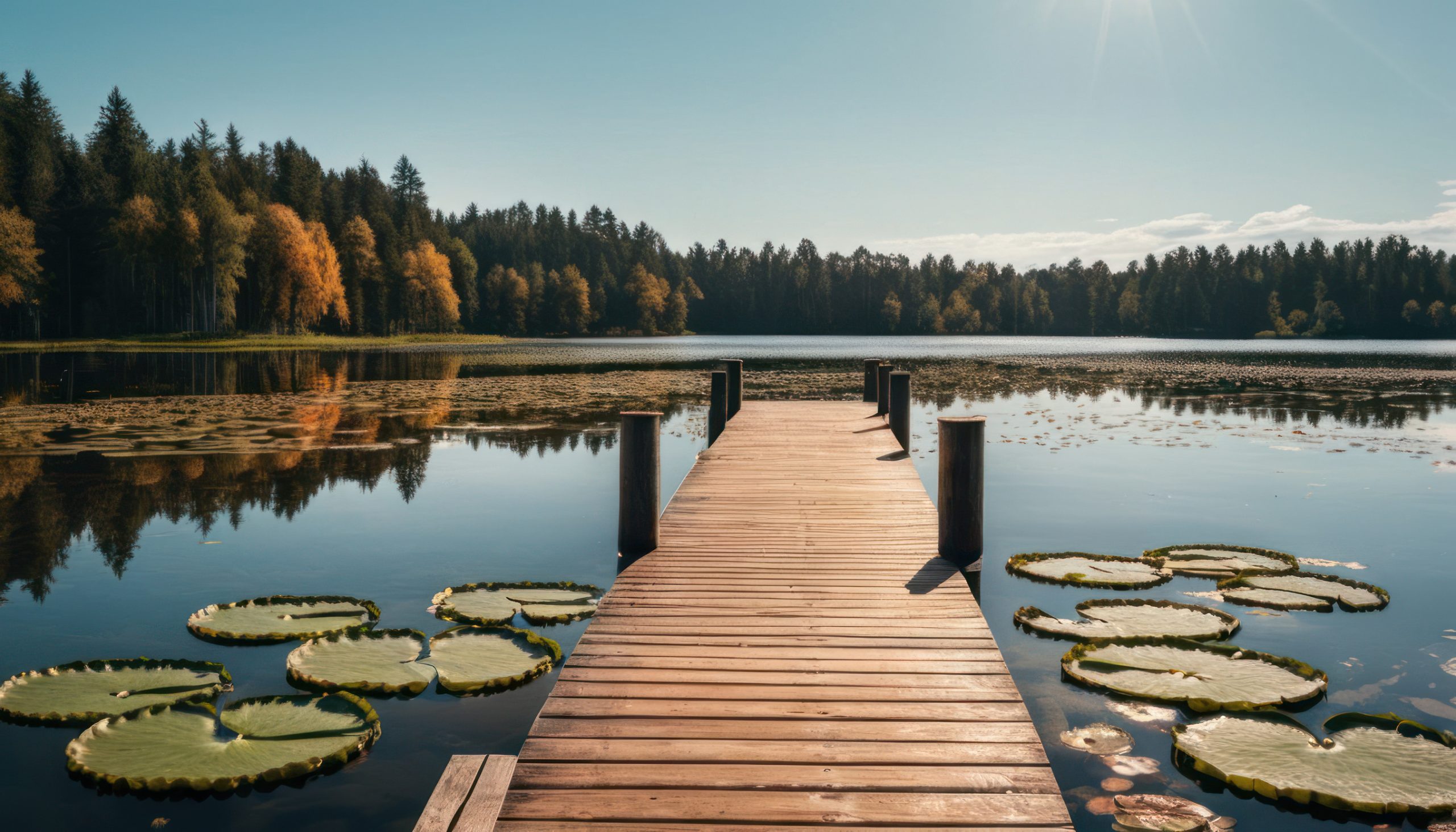 A wooden dock extends over a calm lake with large lily pads. Trees with green and yellow autumn foliage line the shore under a clear blue sky with sunlight streaming down.